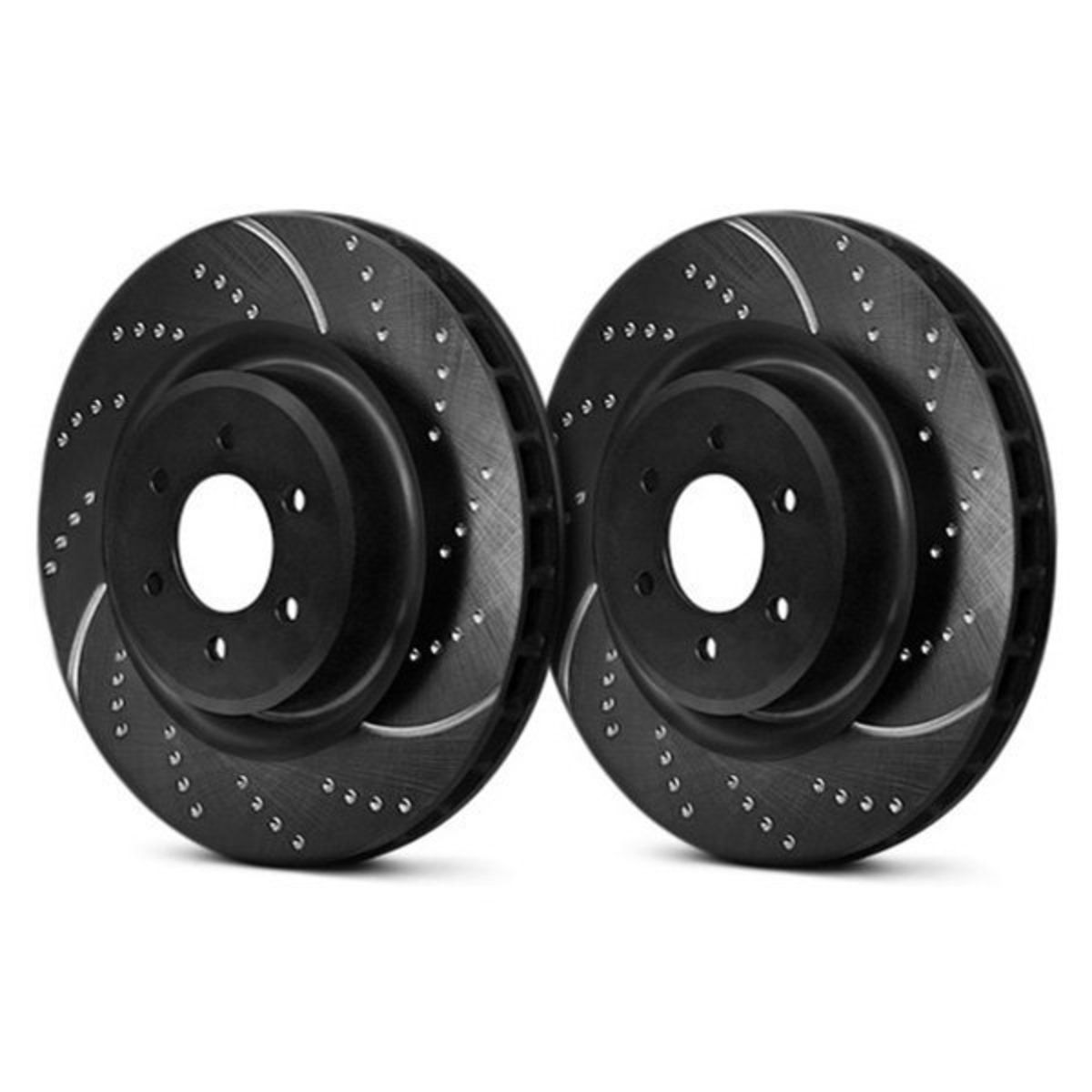 Vented grey cast iron brake discs featuring a slotted design for improved performance, with a smooth finish and central mounting hole.