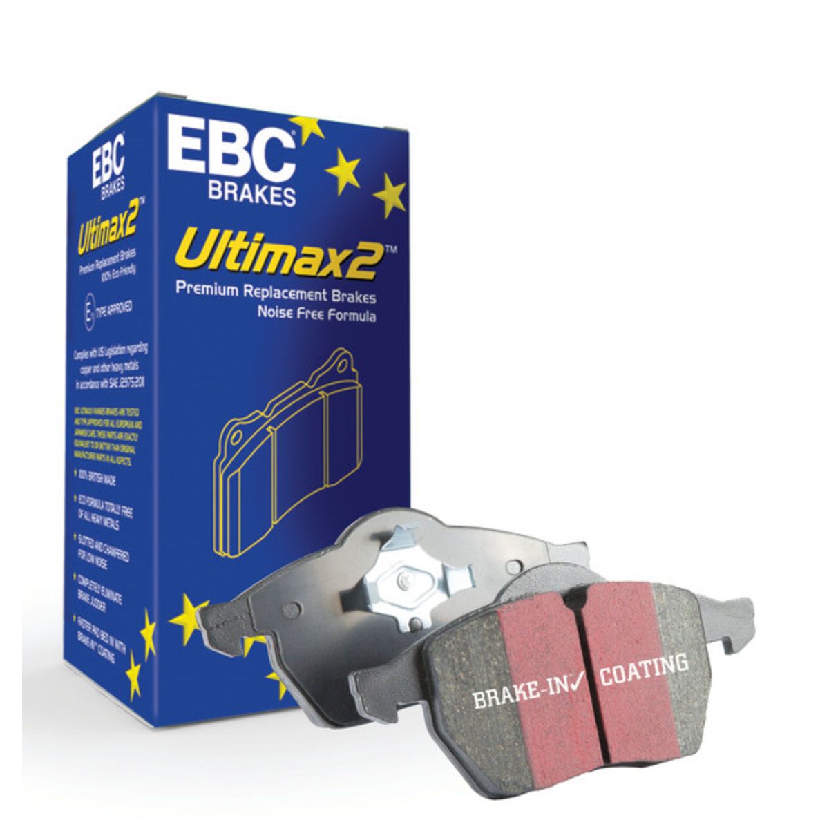 EBC Brakes DP1661 Brake Pad Set featuring a grey metal backing with red and black friction material, packaged in a blue box with yellow stars and "Ultimax2" branding.