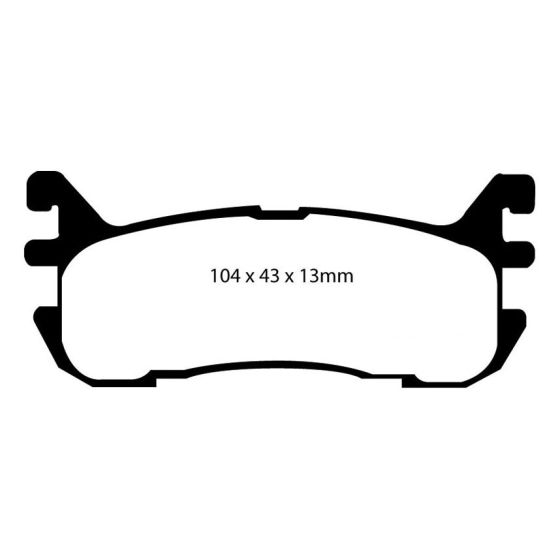 Black silhouette of EBC Brakes Ultimax replacement rear brake pad set, featuring dimensions 104 x 43 x 13mm, designed for Akebono calipers.