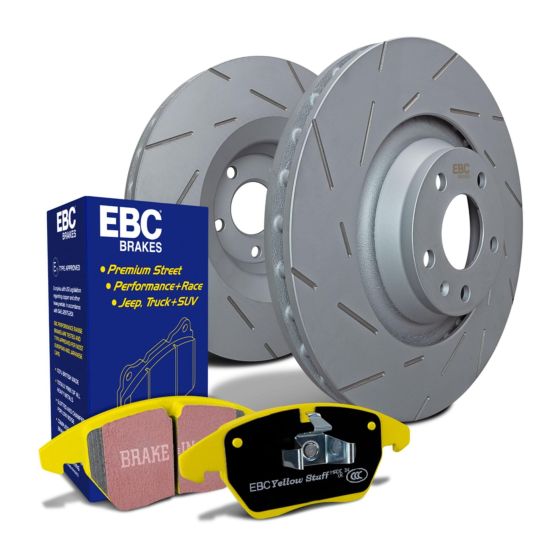 EBC Brakes Ultimax slotted brake discs in silver with a solid 272x10mm design, paired with yellow EBC Yellowstuff brake pads in a blue box.