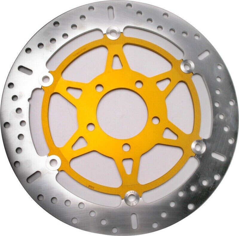 Round motorcycle brake disc featuring a silver stainless steel outer ring and a bright yellow aluminum center, designed for enhanced braking performance.