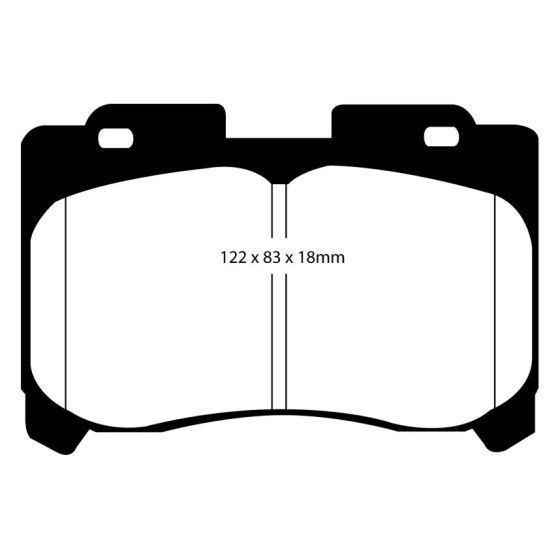 Yellow EBC Brakes Yellowstuff performance brake pads in a front pad set, featuring a distinct shape with dimensions of 122 x 83 x 18mm and a durable material design.