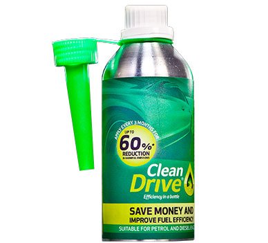 Green and silver spray bottle labeled "Clean Drive" with a green cap and nozzle, promoting up to 60% reduction in fuel consumption, suitable for petrol and diesel engines.