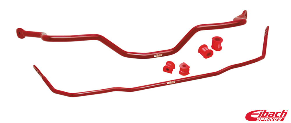 Red Eibach anti-roll bars for front and rear, designed for 2011-2015 Ford Fiesta ST, with accompanying bushings and hardware for installation.