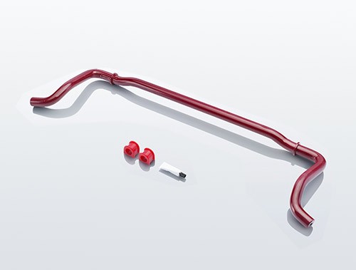 Red Eibach anti-roll bar kit featuring a 3-way adjustable design, made of durable metal, accompanied by two red bushings and a mounting bracket.