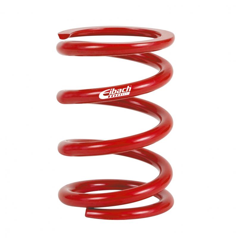 Red coilover spring with a smooth finish and a spiral design, featuring the Eibach logo prominently displayed on the side.