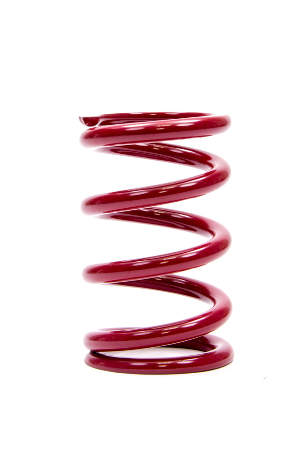 Red coil over spring with a 2.25-inch inner diameter and 5-inch height, featuring a smooth, glossy finish and tightly wound spirals for enhanced performance.