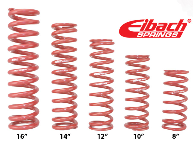 Red coil springs with a 2.25-inch internal diameter and 6-inch length, labeled with Eibach branding, showcasing various lengths from 8 to 16 inches.