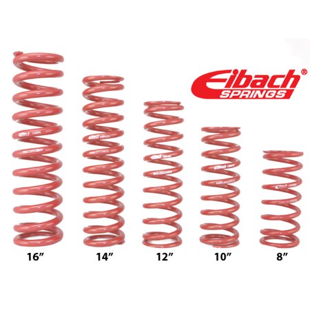 Red coilover spring with an 850 lbs/in rate, featuring a 2.250-inch inner diameter and 7-inch height, displayed among other springs of varying lengths, branded Eibach.