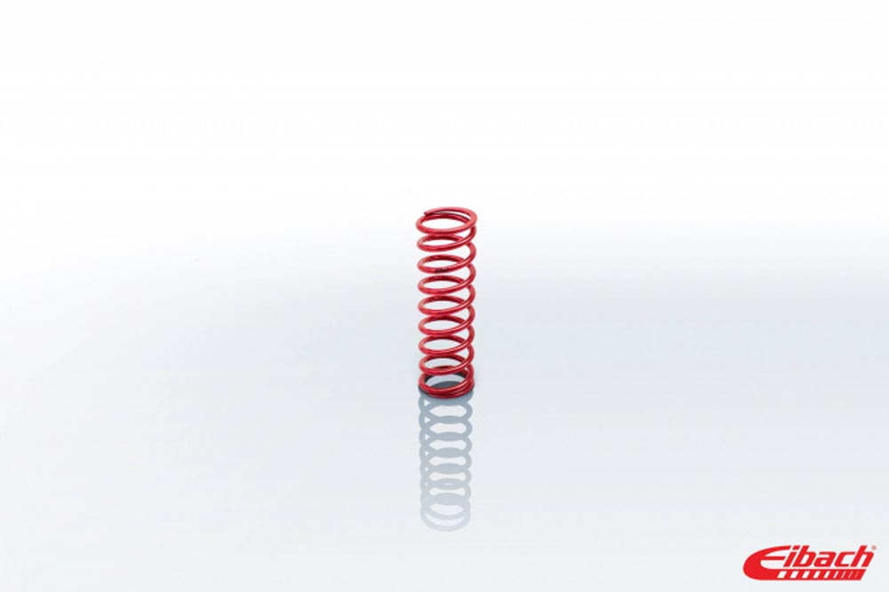 Red coilover spring by Eibach, measuring 8 inches tall with a 2.250-inch inner diameter and a spring rate of 1000 lbs/in, featuring tightly wound coils.