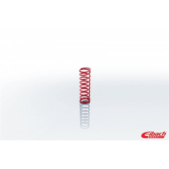 Red coil-over spring with a 2.25-inch inner diameter and 8-inch height, featuring tightly wound coils, designed for automotive suspension systems.