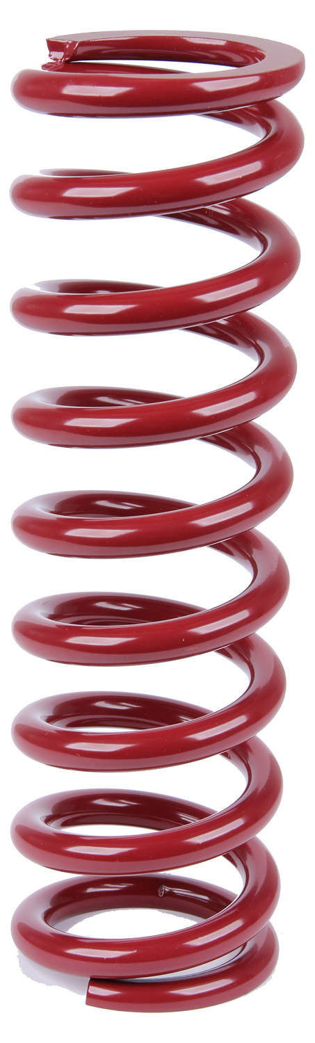 Red metal coil spring with a 2.5-inch internal diameter and 12-inch length, featuring tightly wound coils and a weight rating of 425 lbs/in, designed for competition use.