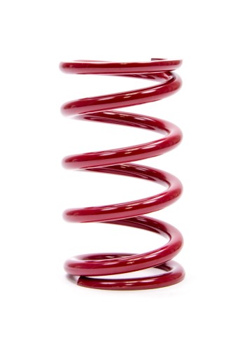 Red coil-over spring measuring 2.5 x 6 inches, featuring a smooth, glossy finish and tightly wound coils designed for automotive suspension systems.