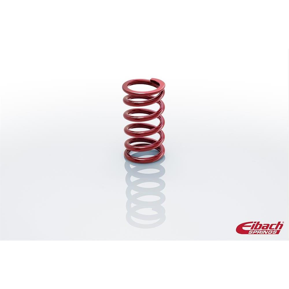 Red coilover spring with a 2.5-inch inner diameter and a 7-inch height, featuring tightly wound coils designed for a 600 lbs/in rate, displayed on a reflective surface.