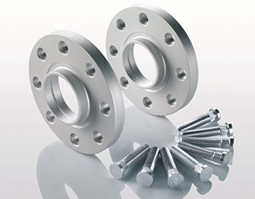 Silver aluminum track widening spacers with four holes each, accompanied by a set of bolts, designed to increase axle width by 20mm per axle.