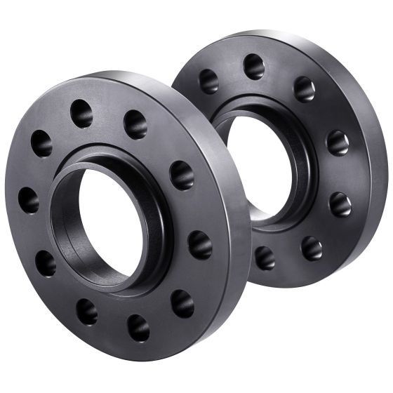 Two black aluminum wheel spacers, each 18mm thick, featuring a circular design with multiple holes for secure fitting, designed to widen track by 36mm per axle.
