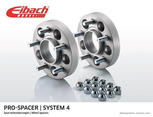 Silver aluminum wheel spacers with five holes, featuring a smooth finish and accompanying hardware, designed to widen track by 25mm per side, labeled Eibach Pro-Spacer System 4.