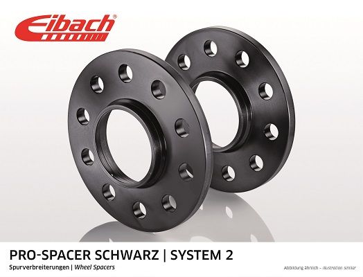 Black Eibach Pro-Spacer wheel spacers, featuring a circular design with multiple holes, designed for track widening of 16mm per axle, labeled with product details.