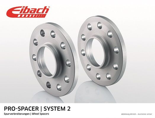 Silver aluminum wheel spacers with multiple holes, labeled "Eibach Pro-Spacer," designed for track widening, featuring an 8mm thickness and 16mm widening per axle.