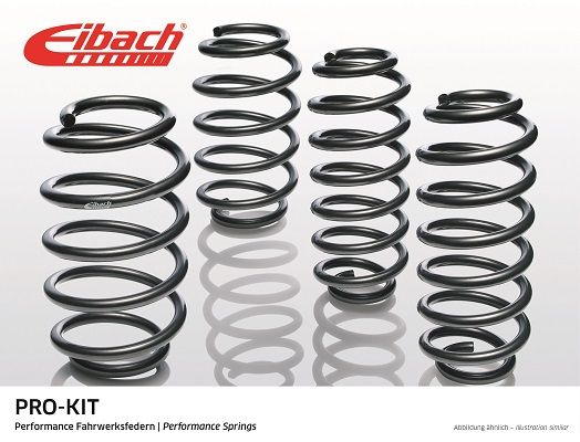 Black coil springs of varying sizes, featuring a smooth finish and tightly wound design, labeled with Eibach branding and "PRO-KIT" for performance suspension enhancement.