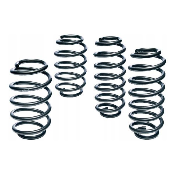Black coil springs from the Eibach Pro-Kit suspension kit, featuring a sleek design with multiple coils and varying heights for enhanced vehicle performance.