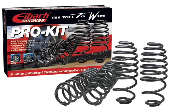 Black coil springs arranged in a stack, with a red and black box in the background labeled "Eibach Pro-Kit" featuring performance details for 2017-2018 Tesla 3 Long Range RWD.
