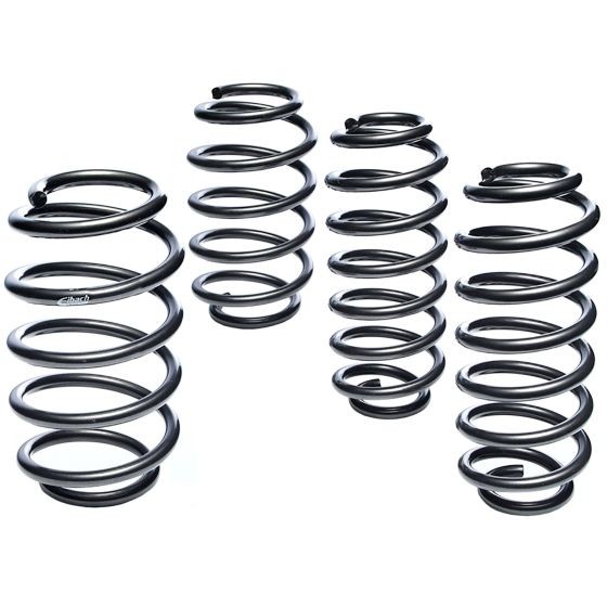 Black coil springs from the Eibach Pro-Kit suspension kit, featuring a sleek, smooth finish and varying heights, designed for enhanced vehicle performance.
