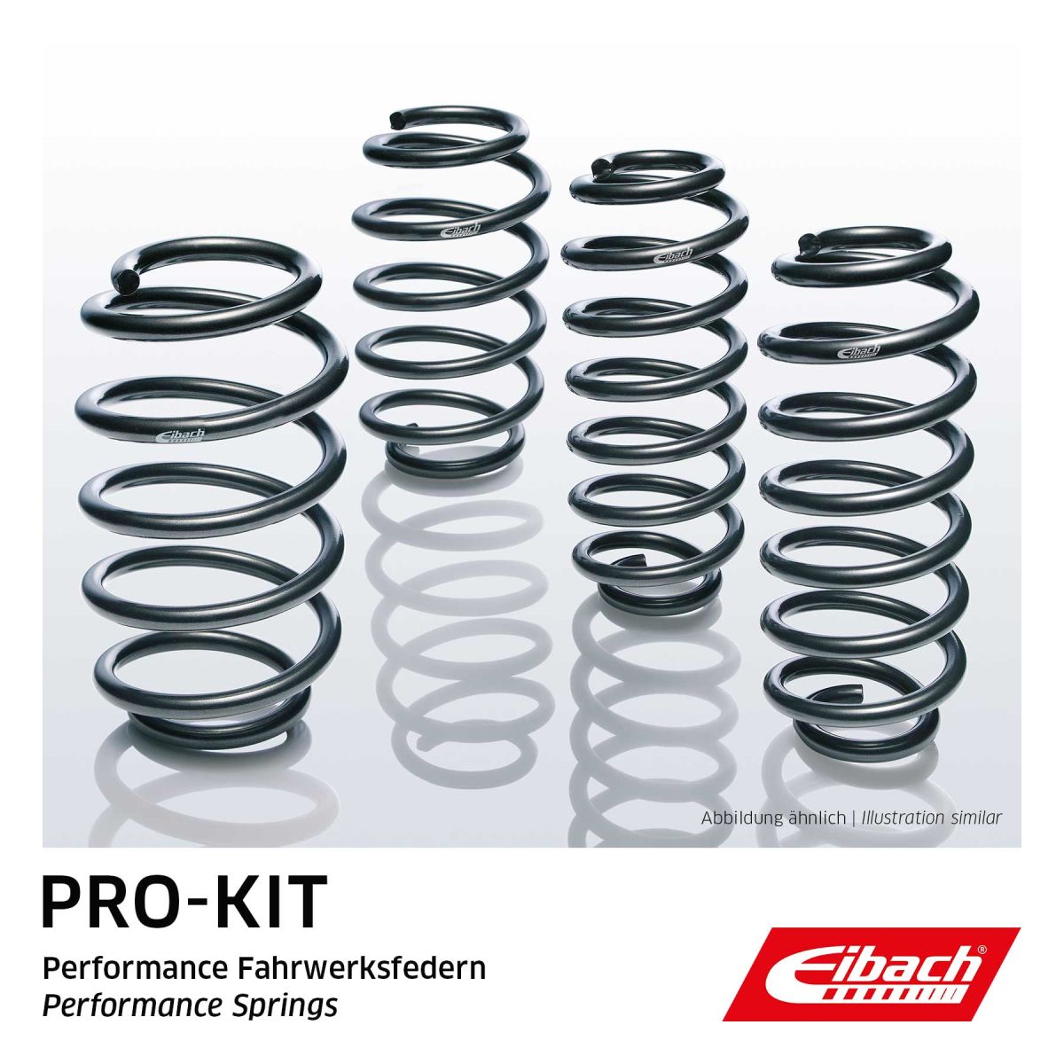 Black coil springs from the Eibach Pro-Kit suspension kit, showcasing a sleek design with varying sizes, labeled for performance enhancement.