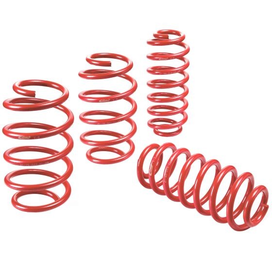 Red coil springs from the Eibach Sportline suspension kit, featuring a glossy finish and varying diameters, designed for enhanced vehicle performance.