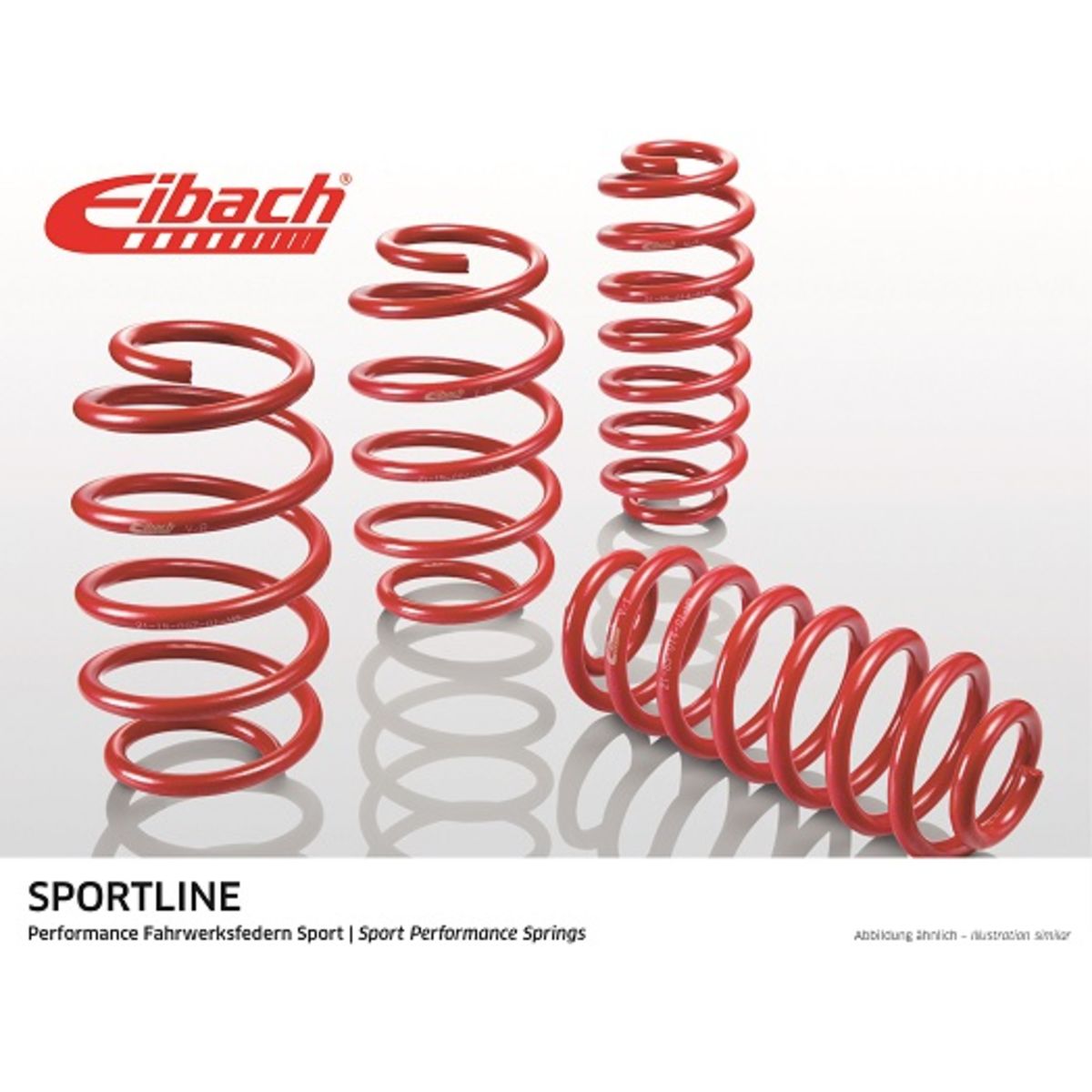 Red coil springs from the Eibach Sportline suspension kit, featuring a sleek design with tightly wound coils, ideal for enhancing vehicle performance.