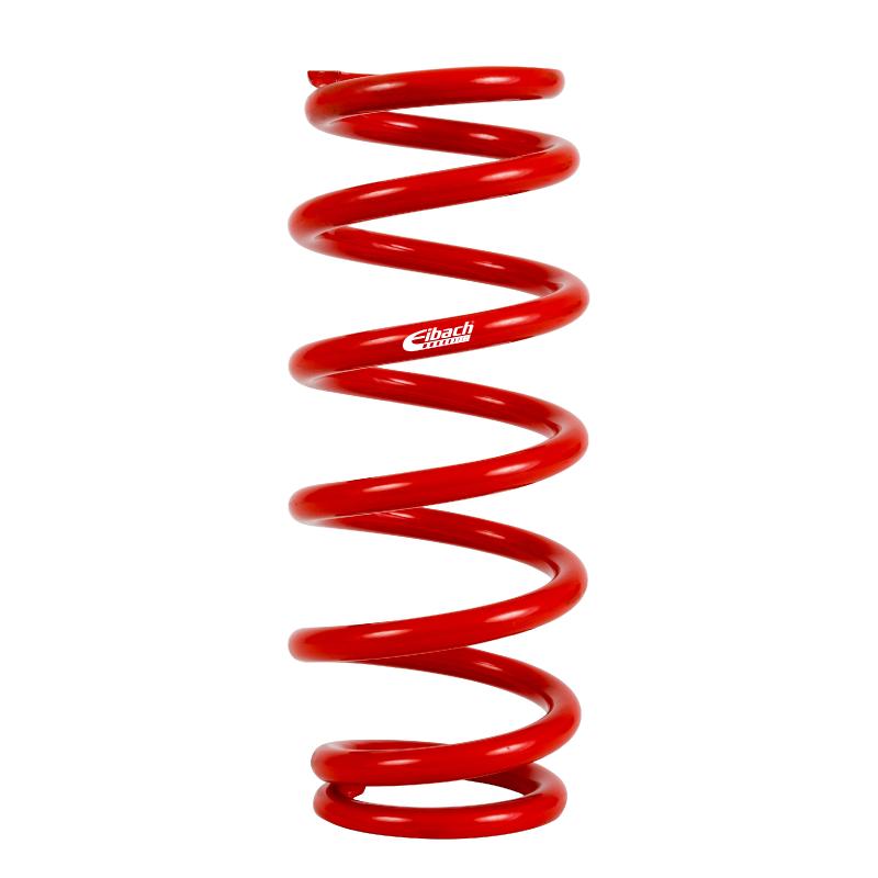 Red coil spring with a 2.5-inch inner diameter and 10-inch height, featuring a smooth finish and Eibach branding on the side.