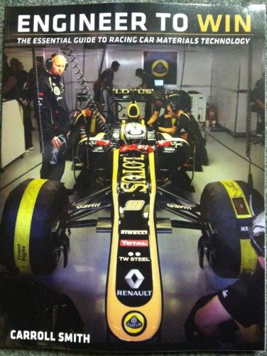 "Engineer to Win" book cover featuring a racing car in a garage, with a black and yellow color scheme, showcasing detailed engineering elements and team members in the background.