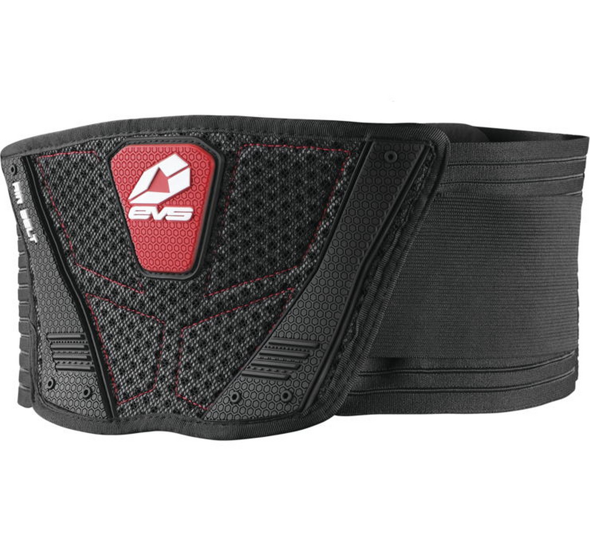Black EVS Kidney Belt Air in small size features a textured, breathable design with a red and white EVS logo, providing support and comfort for active use.