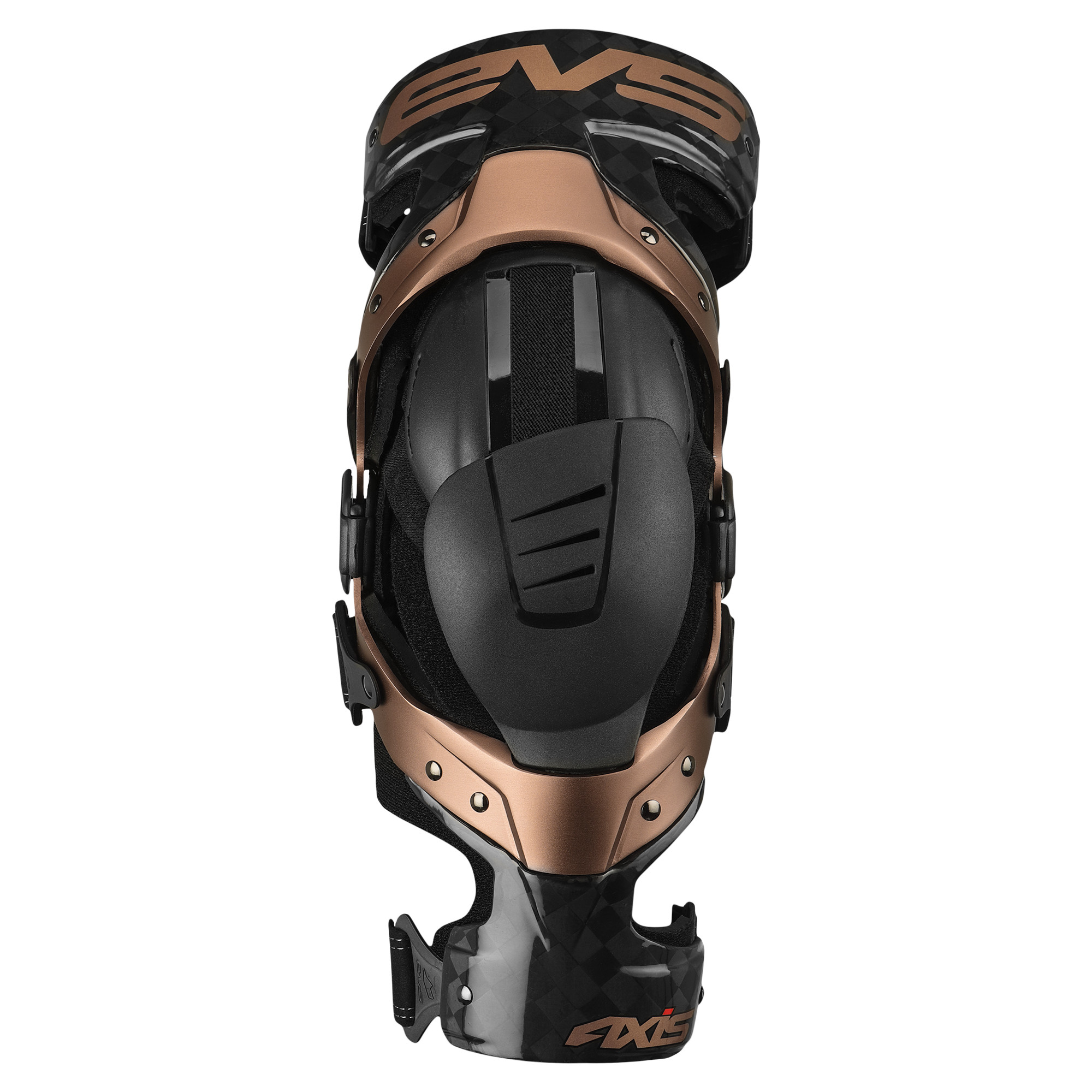 Black and copper knee brace featuring a sleek design, adjustable straps, and a sturdy shell for support, labeled with "EVS" and "AXIS" branding, size large.