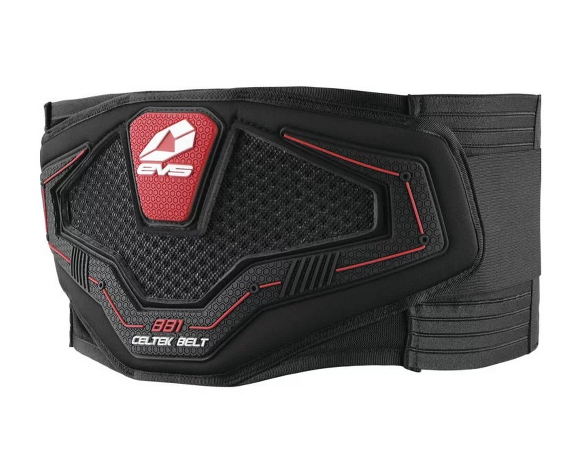 Black EVS BB1 Celtek kidney belt in size L, featuring a textured mesh center, red accents, and adjustable side straps for a secure fit.