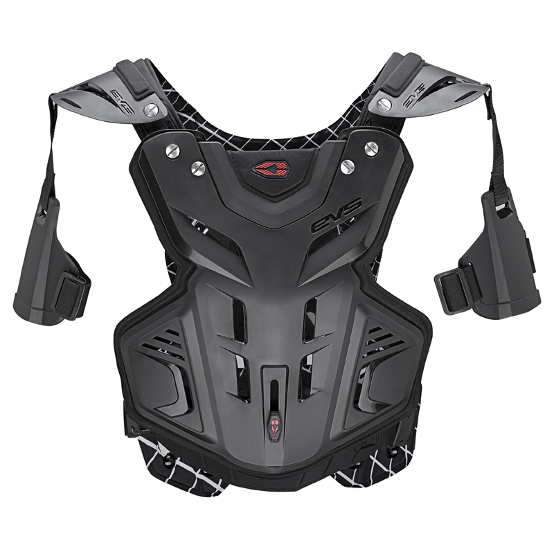 Black EVS F2 Roost Guard chest protector armor features a durable design with adjustable shoulder straps and a sleek, contoured fit for enhanced protection.