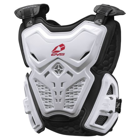 White EVS F2 Roost Deflector in small size, featuring a sleek design with ventilation holes, adjustable straps, and a prominent EVS logo in red.