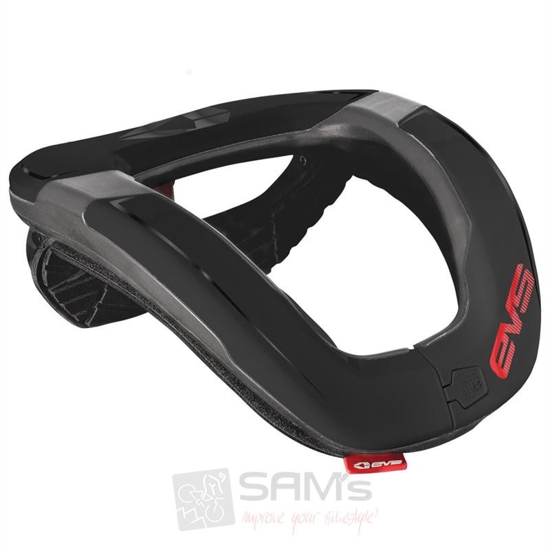 Black EVS R4 neck collar for youth, featuring a lightweight design, adjustable straps, and a sleek, protective shape, suitable for various sports activities.