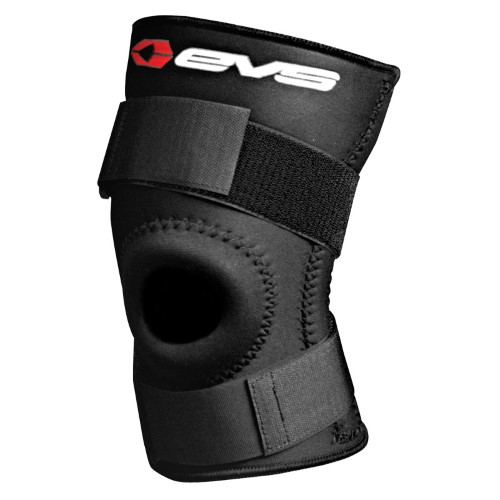 Black knee stabilizer made of neoprene with an open patella design, featuring adjustable straps for a secure fit and the EVS logo prominently displayed.