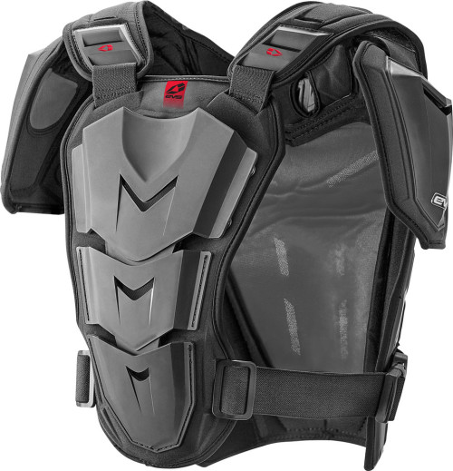 Black EVS Revo 5 MX Offroad Chest Protector in size SM/MD, featuring a durable design with molded plastic armor, adjustable straps, and padded shoulders for enhanced protection and comfort.