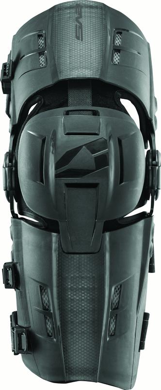 Black RS9 Knee Brace by EVS, large size, features a sturdy design with adjustable straps and a textured surface, sold in a pack of two.