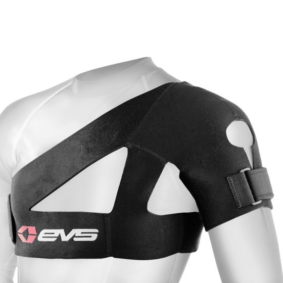 Black EVS SB02 Shoulder Support in size XXL, featuring adjustable straps, breathable material, and a sleek design with the EVS logo prominently displayed.