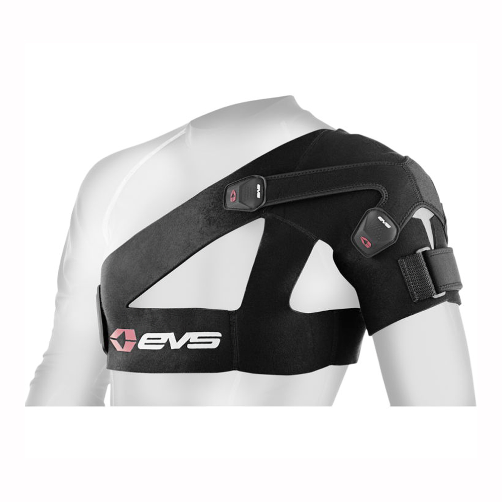 Black shoulder brace with adjustable straps, designed for support, featuring a sleek design and the EVS logo prominently displayed.