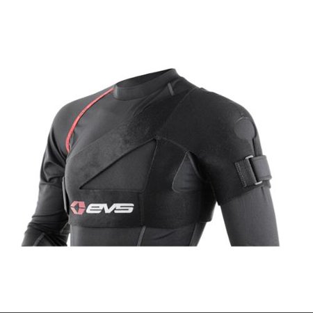 Black EVS SB04 Shoulder Brace in size XS, featuring adjustable straps, a padded shoulder area, and a sleek design with red accents for support and comfort.
