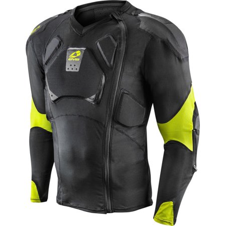 Black long-sleeve jersey with yellow accents, featuring padded shoulders and elbows, a zippered front, and mesh panels for breathability, designed for men in medium size.