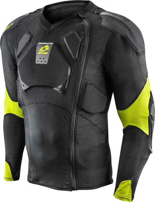 Black protective jersey with yellow accents, featuring a zippered front, padded shoulders, and breathable mesh panels for enhanced ventilation and comfort.