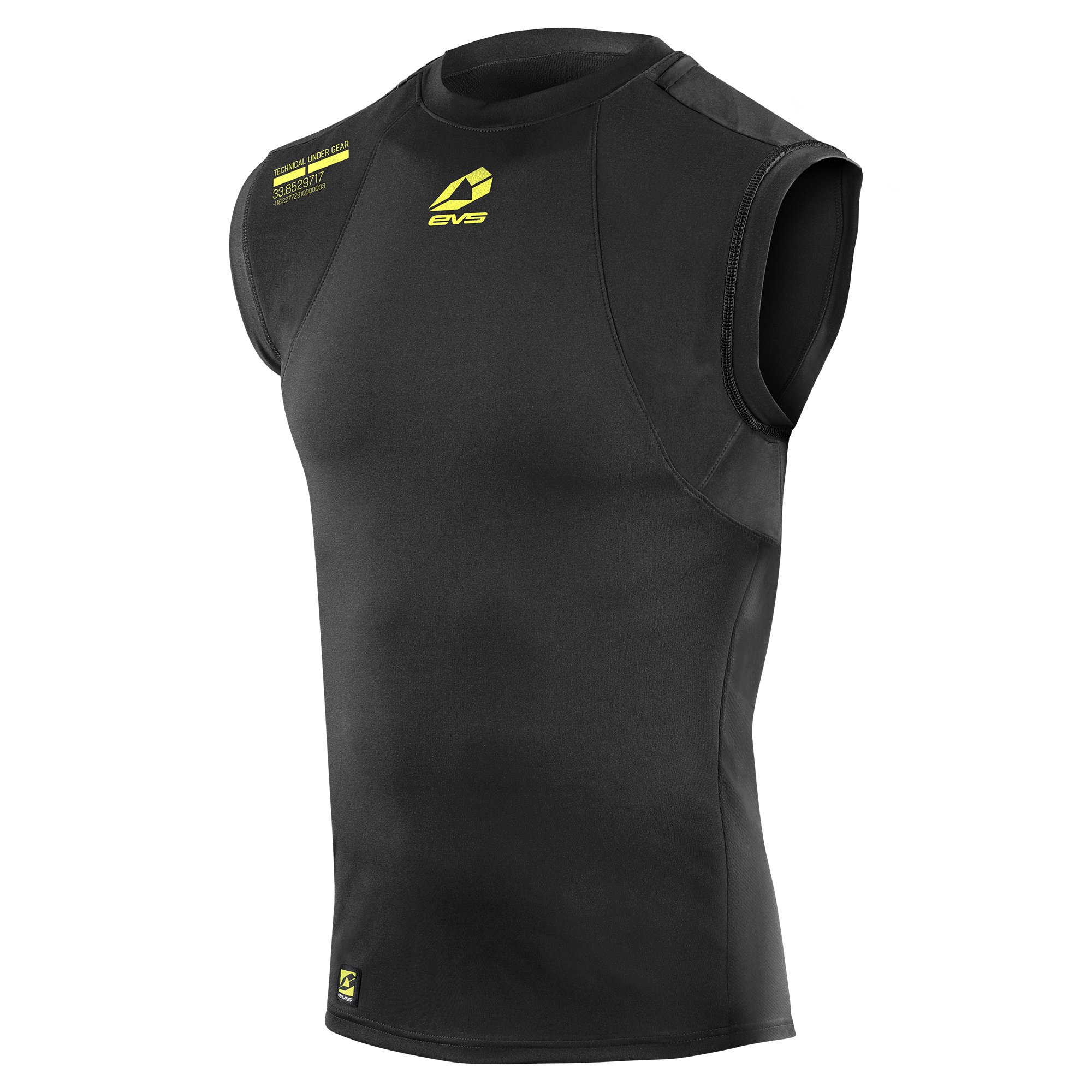 Black sleeveless men's vest by EVS, made from lightweight material, featuring a fitted design and yellow logo accents on the front and shoulder.