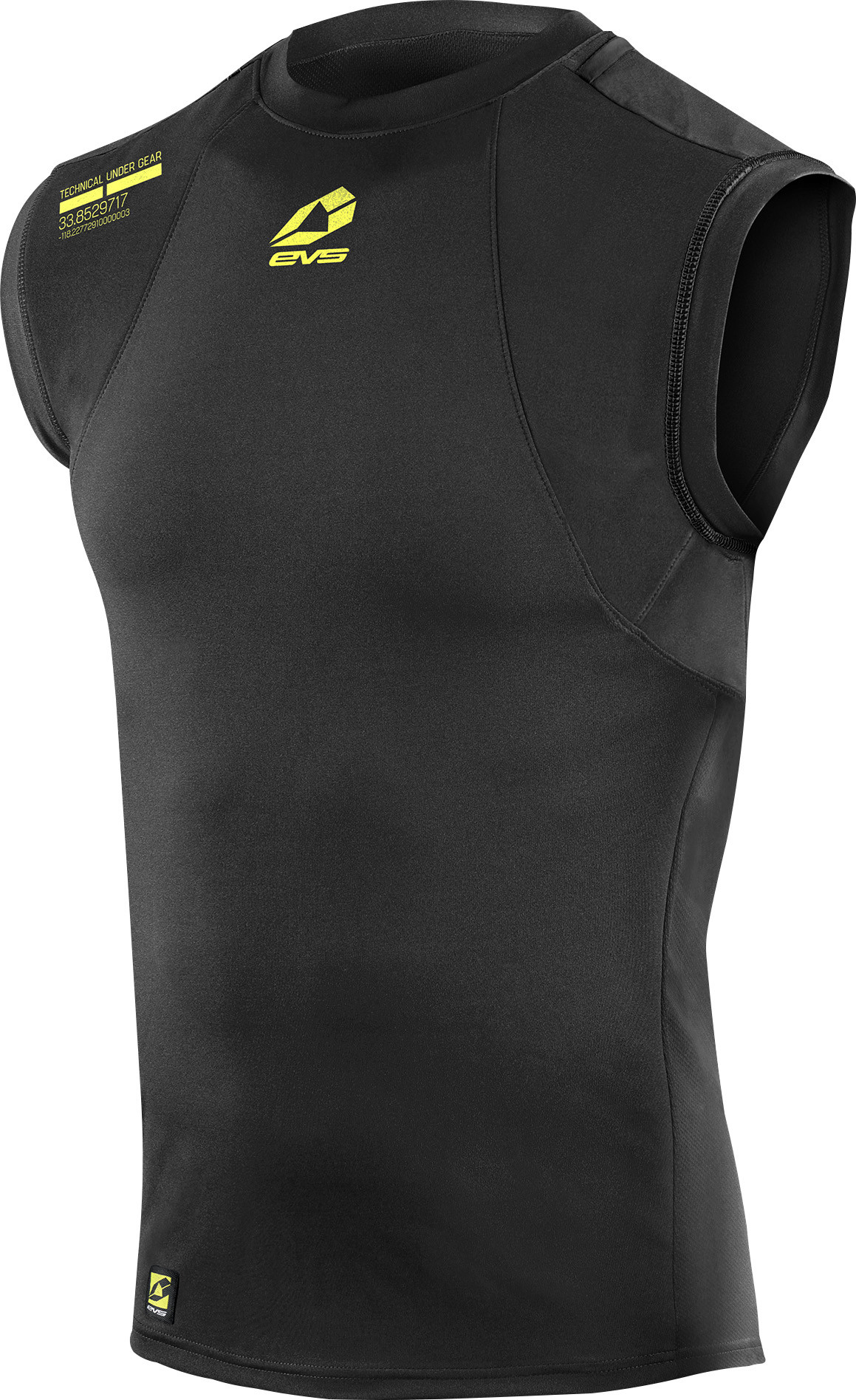 Black sleeveless vest made of stretchy material, featuring a fitted design, yellow EVS logo on the chest, and reinforced stitching for durability.