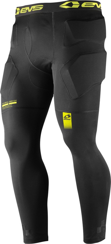 Black padded 3/4 pants featuring a snug fit, made of durable material, with yellow EVS branding and protective padding on thighs and hips, designed for impact protection.