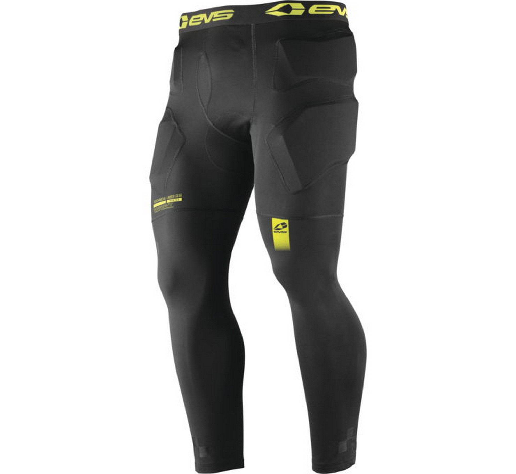 Black padded winter pants with 3/4 length, featuring protective foam panels, a snug fit, and a vibrant yellow EVS logo on the thigh, designed for impact protection.
